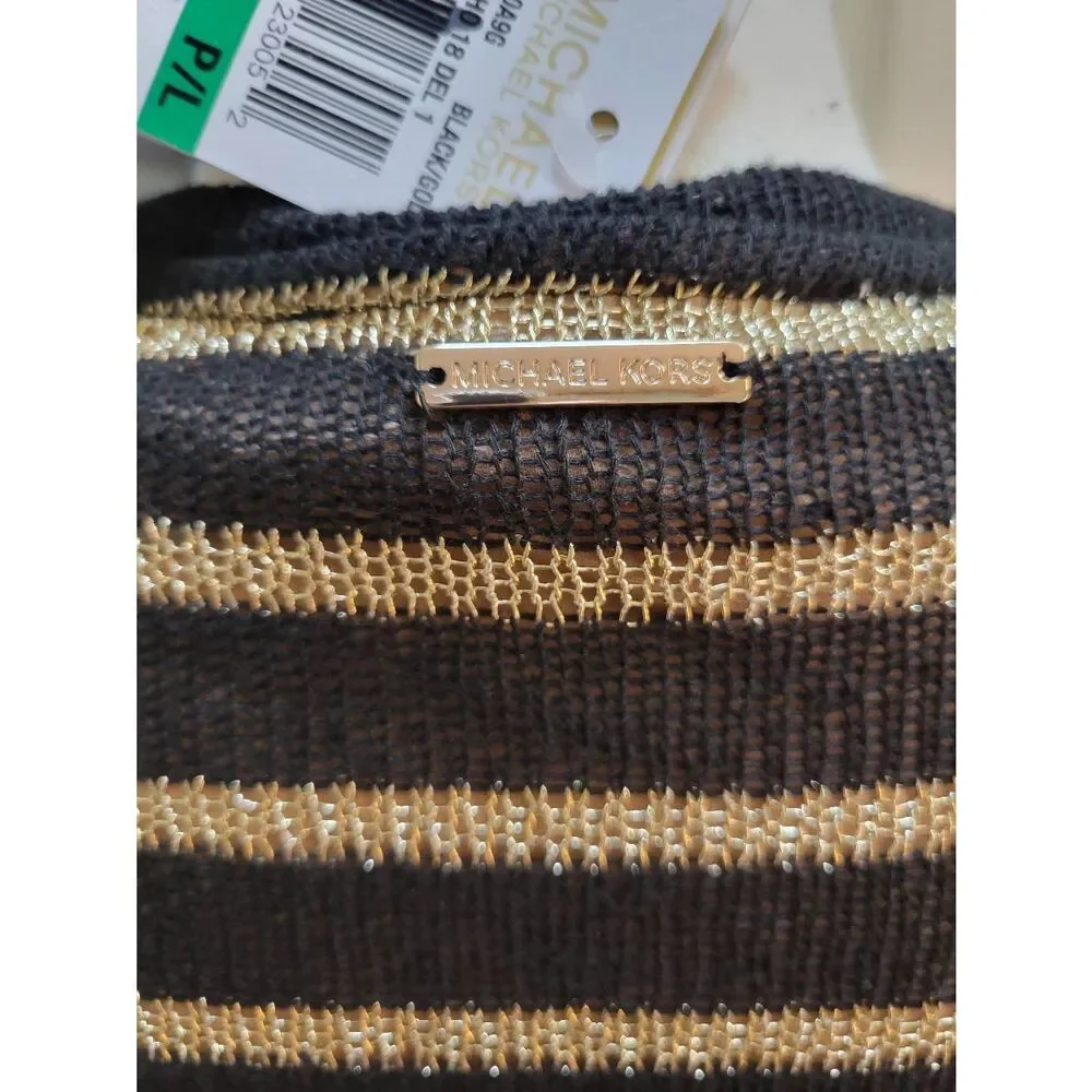 Michael Kors Open Knit Metallic Stripes Gold Black Long Sleeve Top Sz LP New